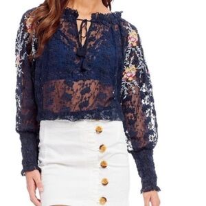 FREE PEOPLE  shirt Jubilee Lace Embroidered Top Blue NWT medium NEW